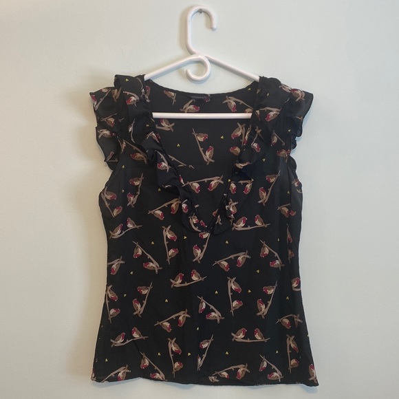 Banana Republic Black and Bird Print Ruffle Blouse, Size Medium - Picture 1 of 10
